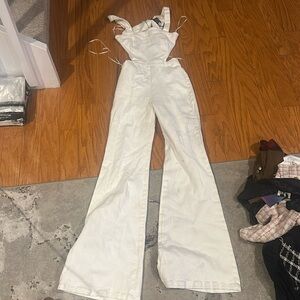 Denim white denim cutout jumpsuit bell bottom wide leg small